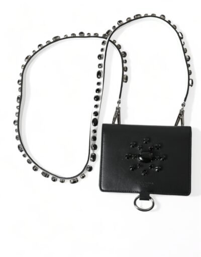 Black Leather Crystal Embellished Card Holder Wallet